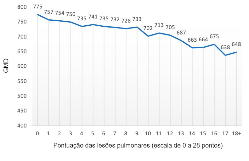 Figura 2: Valor do GMD (gramas) em fun&ccedil;&atilde;o do escore da les&atilde;o pulmonar (escala de 0 a 28 pontos). Adaptado de Pagot et al. (2007).
