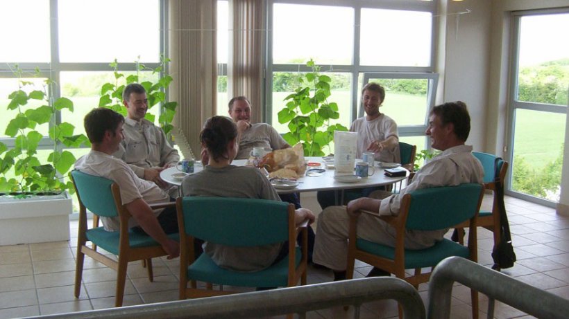 Reuni&atilde;o di&aacute;ria na hora do almo&ccedil;o para falar sobre o que aconteceu durante o dia na granja
