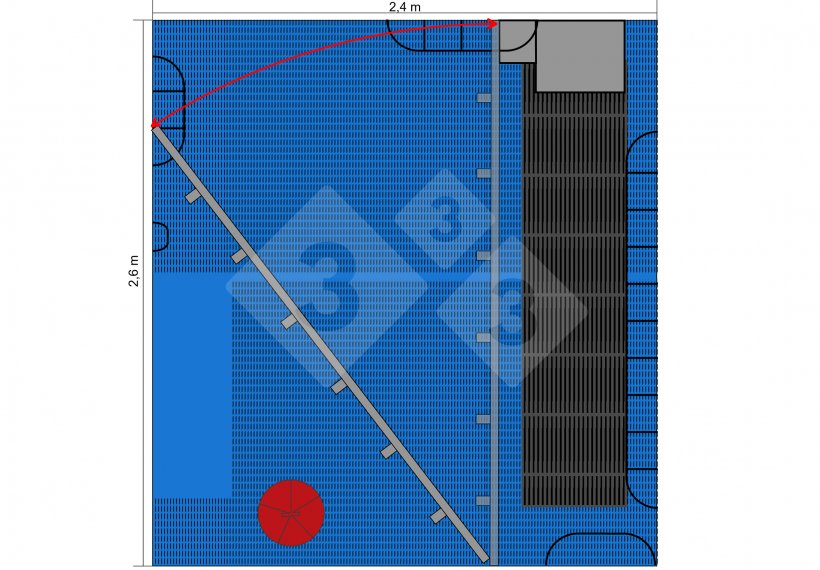 Figura 5.Planta&nbsp;da&nbsp;baia com a gaiola fechada ou aberta, deixando liberdade para a f&ecirc;mea e criando um espa&ccedil;o triangular exclusivo para os leit&otilde;es.
