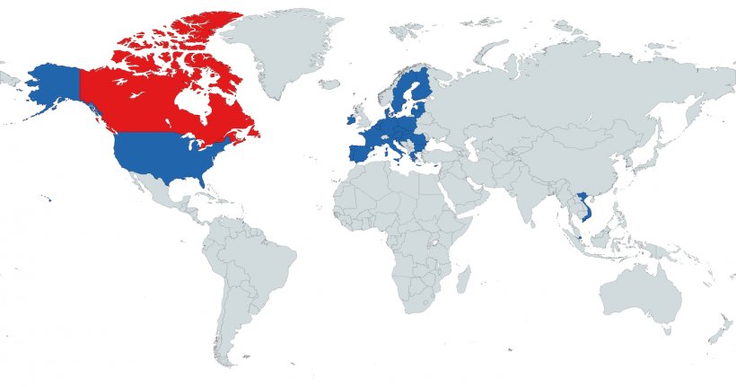 Figura&nbsp;1. Pa&iacute;ses com os quais o Canad&aacute; tem acordos de zoneamento para PSA

(Vietnam, Singapur,&nbsp;la Uni&oacute;n Europea&nbsp;y los&nbsp;Estados Unidos).
