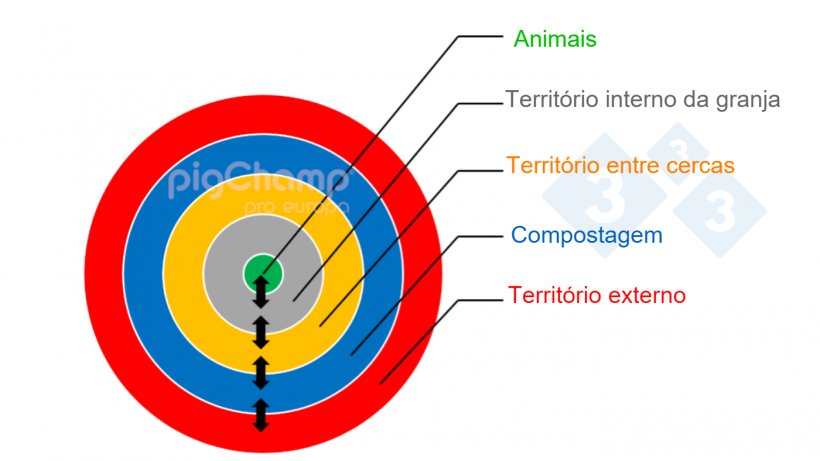 Imagem&nbsp;1. Uma representa&ccedil;&atilde;o esquem&aacute;tica da gest&atilde;o de biosseguridade de uma granja de su&iacute;nos em an&eacute;is
