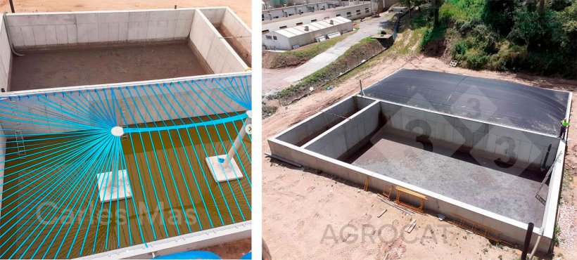 Imagem&nbsp;1: Vista a&eacute;rea da estrutura de&nbsp;existente sob a lona de polipropileno. Imagem 2: Vista a&eacute;rea da planta de biog&aacute;s, que consiste em uma &aacute;rea de recep&ccedil;&atilde;o de dejetos frescos, uma &aacute;rea de digest&atilde;o anaer&oacute;bica e uma &aacute;rea de armazenamento de digerido.
