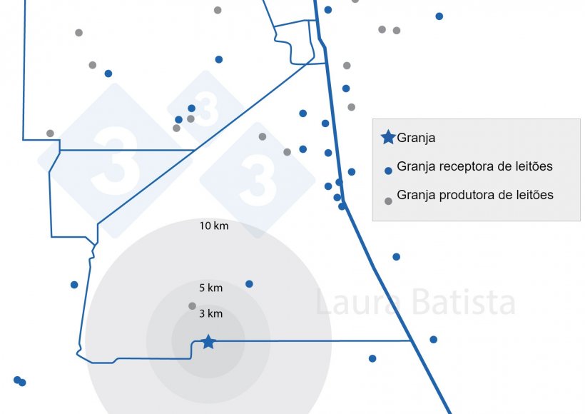 Figura 1. &nbsp;Localiza&ccedil;&atilde;o e densidade de granjas de su&iacute;nos na &aacute;rea.
