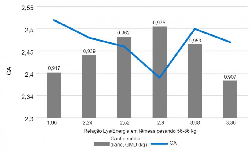 Gr&aacute;fico 1. Efeito da rela&ccedil;&atilde;o Lis/Energia em f&ecirc;meas pesando 56-86 Kg. Main, et al. 2002.
