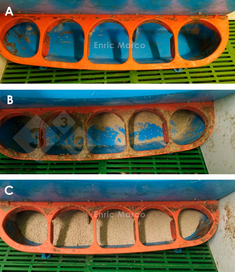 Imagem 3. Tremonha de transi&ccedil;&atilde;o de acordo com sua abertura: A- Muito fechada. B- Regulagem correta. C- Muito aberta.
