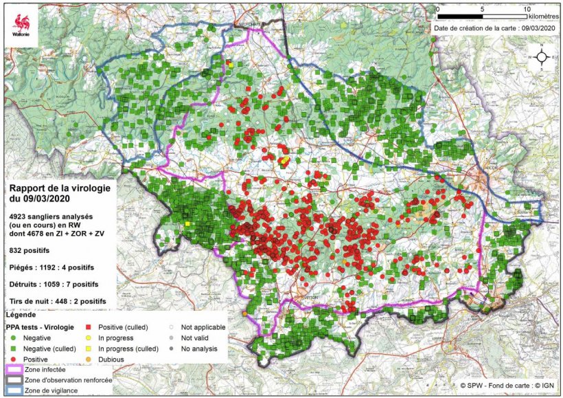 Mapa da amostragem de&nbsp;javalis at&eacute; o dia&nbsp;9 de mar&ccedil;o de 2020.
