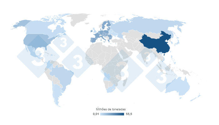 Mapa 1. Concentra&ccedil;&atilde;o da produ&ccedil;&atilde;o global de carne su&iacute;na estimada para 2023, em milh&otilde;es de toneladas. Elaborado pelo Departamento de Economia e Intelig&ecirc;ncia de Mercado da 333 com dados do Departamento de Agricultura dos Estados Unidos (USDA).
