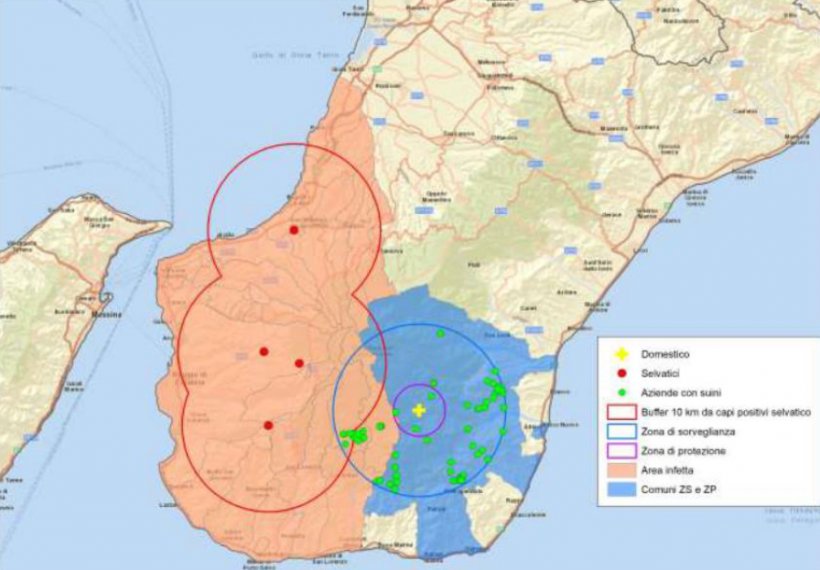 &nbsp;

Localiza&ccedil;&atilde;o de novos surtos de PSA na regi&atilde;o da Cal&aacute;bria, It&aacute;lia (pontos vermelhos: surtos em javalis; cruz amarela: surto em granjas de su&iacute;nos). Fonte: MAPA.
