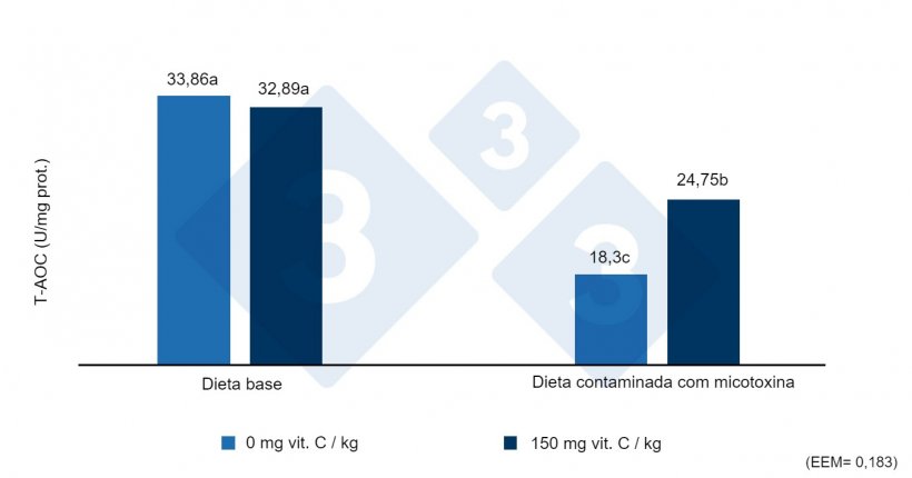 Figura 2. Capacidade antioxidante total (T-AOC) no f&iacute;gado de leit&otilde;es desmamados alimentados com dietas contaminadas com zearalenona com ou sem altas doses de vitamina C. Letras diferentes indicam diferen&ccedil;as estatisticamente significativas (p&lt;0,05). Fonte: Shi et al. (2017).
