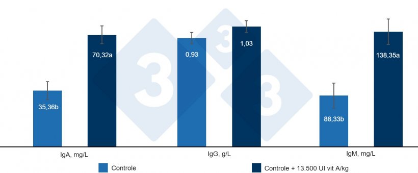 Figura 4. Efeito da inclus&atilde;o de 13.500 UI de vitamina A/kg de ra&ccedil;&atilde;o nas imunoglobulinas s&eacute;ricas de leit&otilde;es desmamados. a, b: Letras diferentes indicam diferen&ccedil;as estatisticamente significativas (P &lt; 0,05). Fonte: Hu et al. (2020).
