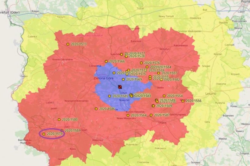 Local de um javali testado positivo (2020/1579) 2020/1579 = pr&oacute;ximo local de um javali testado positivo Fonte da imagem: https://bip.wetgiw.gov.pl/asf/mapa/ &nbsp;
