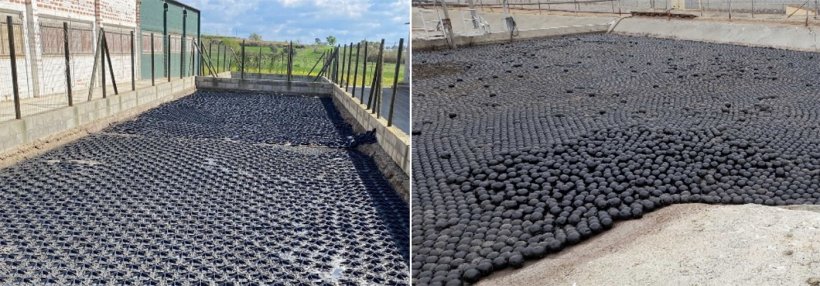 Imagem&nbsp;2. Efici&ecirc;ncia de redu&ccedil;&atilde;o de emiss&otilde;es de NH3 de 60% com pe&ccedil;as geom&eacute;tricas flutuantes: na foto &agrave; esquerda, hex&aacute;gonos HEXA-COVER (imagem fornecida pela DPLAN) e bolas FLOATING HONEYCOMB cheias de &aacute;gua na foto &agrave; direita.
