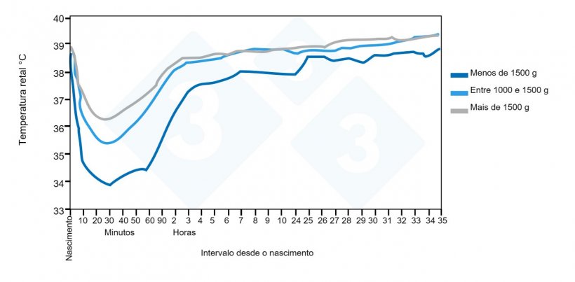 Tend&ecirc;ncias da temperatura retal do nascimento &agrave;s 35 horas de idade em rela&ccedil;&atilde;o ao grupo de peso ao nascer. Fonte: Pattison, English, MacPherson e Birnie 1989.
​
