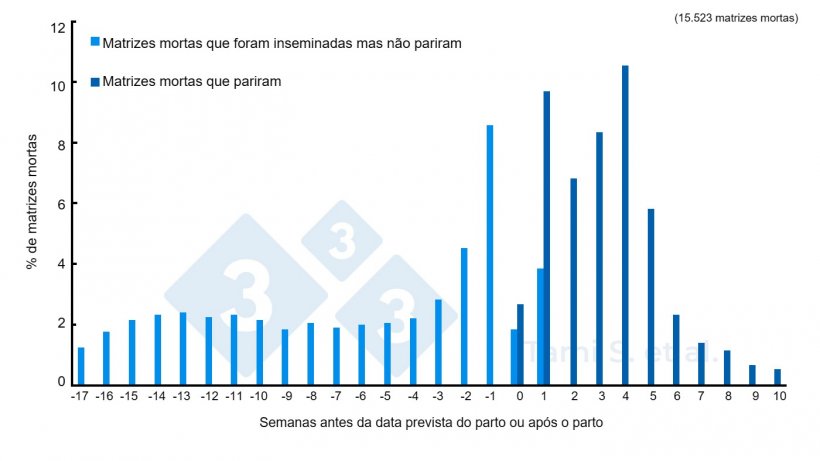 Figura 1. Frequ&ecirc;ncias relativas (%) de matrizes mortas, antes ou depois do parto, em um&nbsp;total de 7.778 f&ecirc;meas inseminadas mais 7.745 f&ecirc;meas paridas. Fonte: Tami S. et al. 2017.
