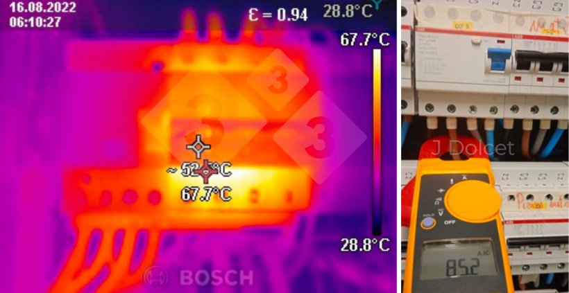 Fotos 2. Detec&ccedil;&atilde;o de uma poss&iacute;vel falha na termografia (esquerda) e no conhecido testador (direita).
