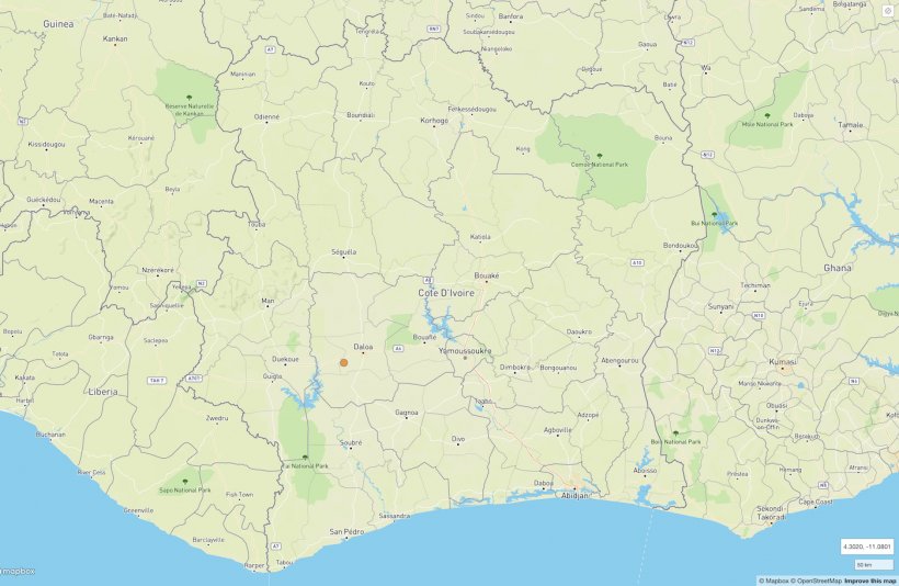 Localiza&ccedil;&atilde;o do surto de PSA em Sassandra-Marahou&eacute;, Costa do Marfim.
