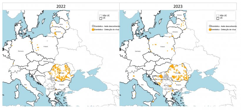 Distribui&ccedil;&atilde;o espacial de surtos confirmados de PSA entre su&iacute;nos dom&eacute;sticos em 2022 (esquerda) e 2023 (direita). Fonte: ADIS, acessado em 1 de fevereiro de 2024. &copy; EuroGeographics para limites administrativos.
