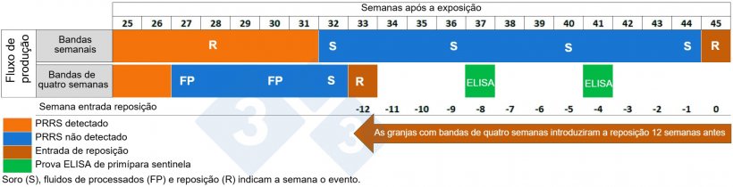 Figura 2. Compara&ccedil;&atilde;o de insumos de reposi&ccedil;&atilde;o entre granjas com manejo em lotes semanais e bandas&nbsp;de quatro semanas.
