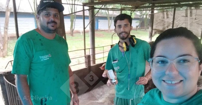 Figura 1: treinamento t&eacute;cnico e pr&aacute;tico realizado na propriedade rural pela t&eacute;cnica em extens&atilde;o rural representante da agroind&uacute;stria. Arquivo pessoal da autora.&nbsp;
