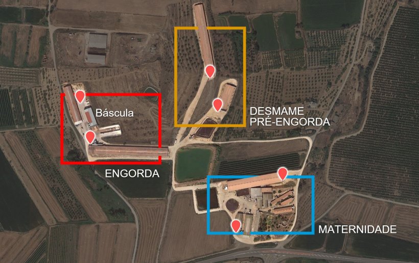 Imagem 2. Distribui&ccedil;&atilde;o das fases por pavilh&otilde;es e cais de carga originais (pontos vermelhos).
