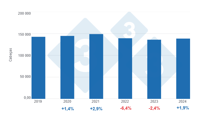 Gr&aacute;fico 2: Evolu&ccedil;&atilde;o do abate de su&iacute;nos no Uruguai nos &uacute;ltimos 5 anos, varia&ccedil;&otilde;es anuais. Elaborado pelo Departamento de Economia e Sustentabilidade da 333 Am&eacute;rica Latina com dados do Anu&aacute;rio OPYPA 2024 e INAC
