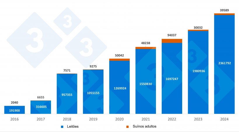 Importa&ccedil;&otilde;es anuais espanholas de leit&otilde;es e su&iacute;nos holandeses. Fonte: 333 com base em dados RVO.
