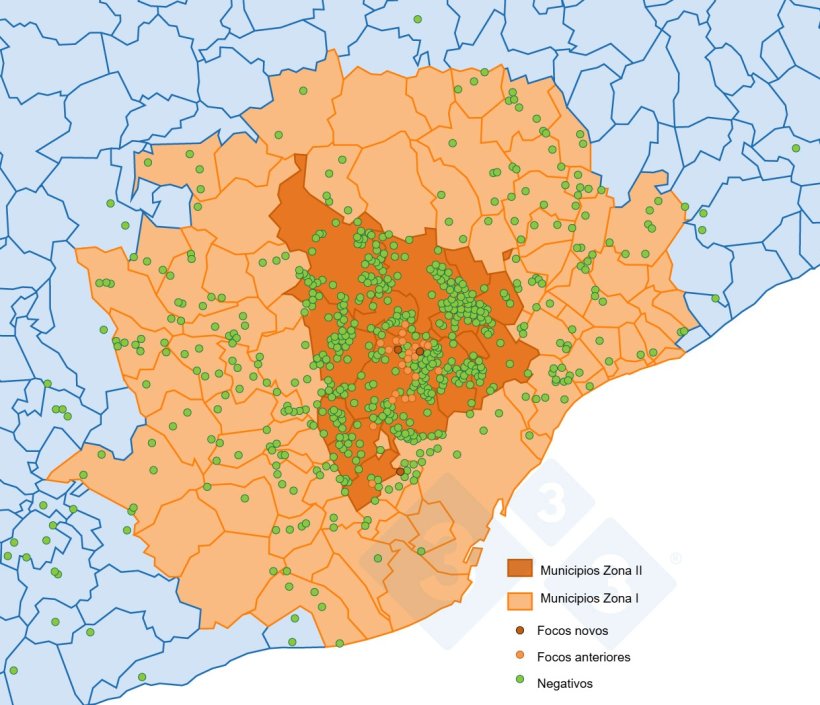 Localização dos 37 focos em javalis selvagens e dos javalis capturados ou encontrados mortos com resultado negativo detectados na zona restrita II (Fonte: MAPA).