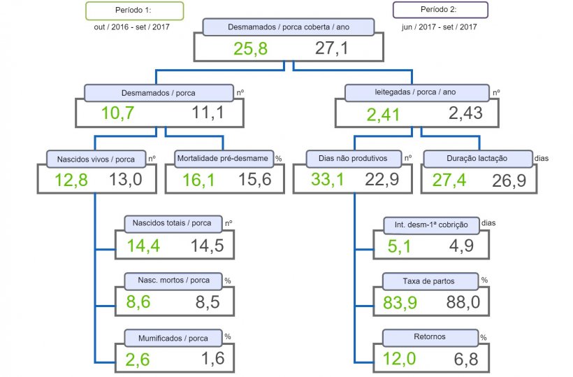 Figura 1. &Aacute;rvore de produtividade de leit&otilde;es desmamados/porca coberta/ano, compara&ccedil;&atilde;o entre dois per&iacute;odos.
